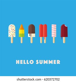 Hello Summer vector illustration with a variety of ice cream lollies and fruity popsicles