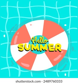Hello summer vector illustration. Summer vibe. Inflatable white and red circle in the pool with a yellow inscription