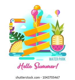 Hello summer. Vector illustration. Water Park, water slide, Toucan, watermelon, pineapple and ice cream. A set of cliparts in flat style.