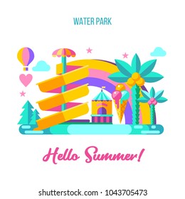 Hello summer. Vector illustration. Water Park, water slide on a rainbow background.  Summer holiday. Ice cream, a balloon and a palm tree.