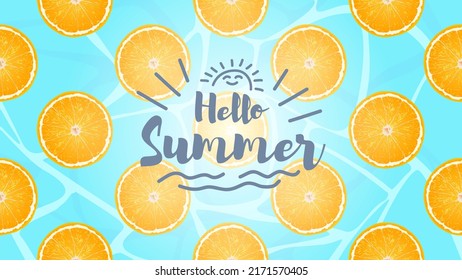 Hello Summer vector illustration. water ripple and citrus pattern illustration. Design of social media, banner, poster, newsletter, advertisements, Sale template, leaflets, brochure, wallpaper, flyer.