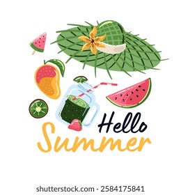 Hello summer vector illustration with watermelon, ice cream and summer hat.