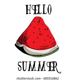 Hello Summer. Vector illustration of watermelon piece. The symbol of the summer. White background.
