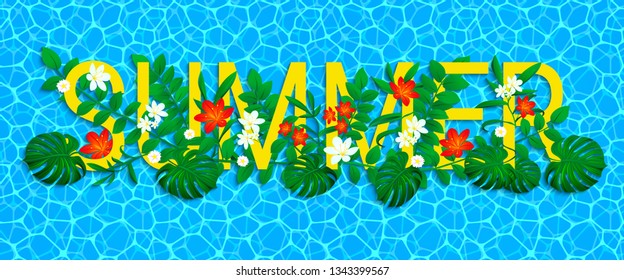 hello summer vector illustration. watery texture with text and Tropical plants. Jungle leaves and flowers. Can use for summer, travelling, vacation images. Bright colors