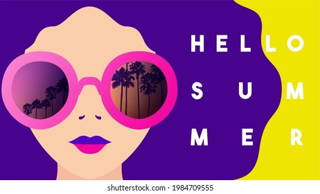 Hello Summer vector illustration. Woman vector illustration. Design of social media, banner, poster, newsletter, advertisements, Sale template, leaflets, placards, brochure, wallpaper, t-shirt, flyer.