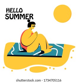 hello summer vector illustration .Young women sunbathing on the beach concept. flat design
