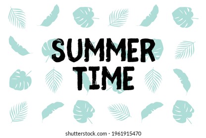 Hello Summer vector image with tropical leaves. Template for card, post, banner design.