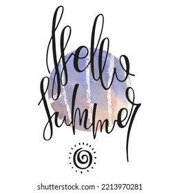 Hello Summer. Vector ink lettering art. Hand drawn lettering phrase. Modern brush calligraphy card. Illustration isolated on white background