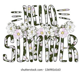 hello summer vector isolated lettering with cosmos flowers
