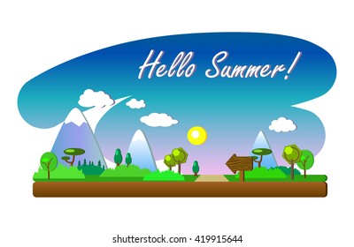 Hello Summer vector landscape in flat style, horizontal flat landscape for summer holidays, summer holidays banner, summer holidays picture with mountains, sun and trees, summer illustration with road