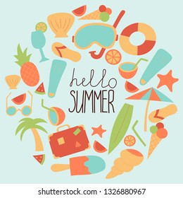 Hello summer. Vector lettering with summer accessories. Summer vacation, tourism items.