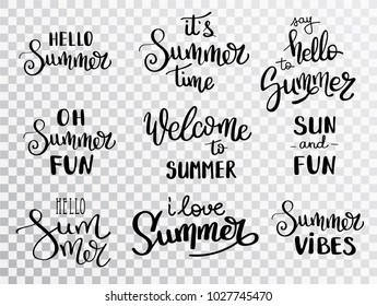 Hello Summer vector lettering. Summer calligraphy on a transparent background. Handwritten inscription can be used in web, print, art, textile, cards. Modern brush calligraphy.