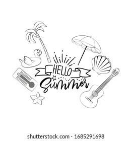 Hello summer vector lettering with vector illustrations, summer set, summer elements: seashell, flamingo rubber ring, thermometer, tropical flowers, palm, beach umbrella. Hand drawn illustration