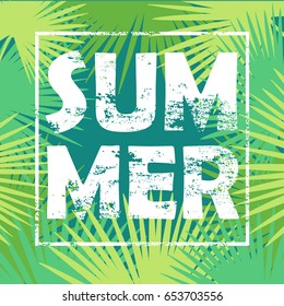 Hello summer, vector lettering on a  abstract tropical palm leaves frame, summer design, banner, typography poster.