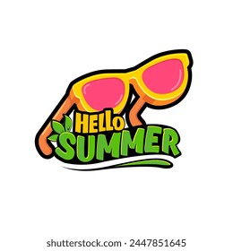 Hello summer vector lettering text with vintage retro yellow sunglasses isolated on white background. Hello summer label, icon, print, banner design template with funny cartoon sunglasses, summer vibe