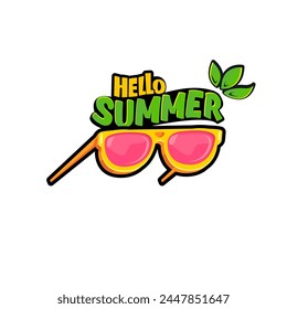 Hello summer vector lettering text with vintage retro yellow sunglasses isolated on white background. Hello summer label, icon, print, banner design template with funny cartoon sunglasses, summer vibe