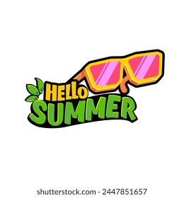 Hello summer vector lettering text with vintage retro yellow sunglasses isolated on white background. Hello summer label, icon, print, banner design template with funny cartoon sunglasses, summer vibe