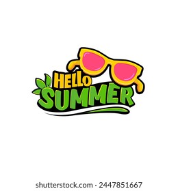 Hello summer vector lettering text with vintage retro yellow sunglasses isolated on white background. Hello summer label, icon, print, banner design template with funny cartoon sunglasses, summer vibe