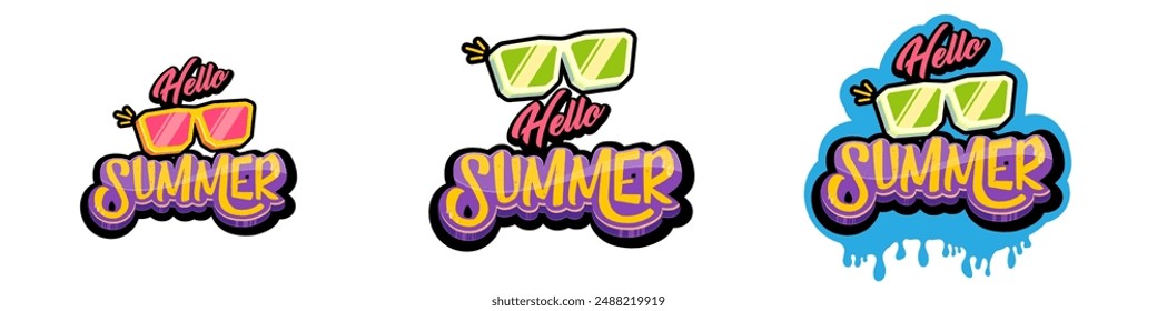 Hello summer vector logo set with text and vintage retro yellow sunglasses isolated on transparent. Hello summer label, icon, print, banner design template collection with sunglasses and splash