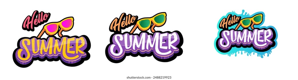 Hello summer vector logo set with text and vintage retro yellow sunglasses isolated on transparent. Hello summer label, icon, print, banner design template collection with sunglasses and splash