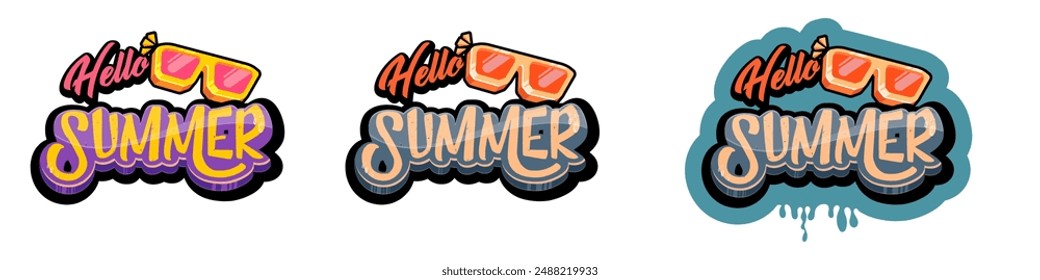 Hello summer vector logo set with text and vintage retro yellow sunglasses isolated on transparent. Hello summer label, icon, print, banner design template collection with sunglasses and splash