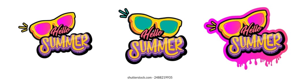 Hello summer vector logo set with text and vintage retro yellow sunglasses isolated on transparent. Hello summer label, icon, print, banner design template collection with sunglasses and splash