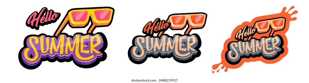 Hello summer vector logo set with text and vintage retro yellow sunglasses isolated on transparent. Hello summer label, icon, print, banner design template collection with sunglasses and splash