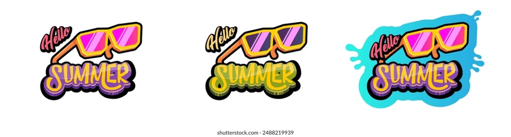 Hello summer vector logo set with text and vintage retro yellow sunglasses isolated on transparent. Hello summer label, icon, print, banner design template collection with sunglasses and splash