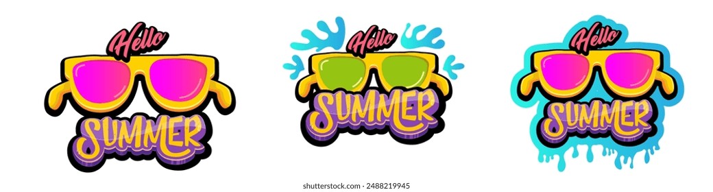 Hello summer vector logo set with text and vintage retro yellow sunglasses isolated on transparent. Hello summer label, icon, print, banner design template collection with sunglasses and splash