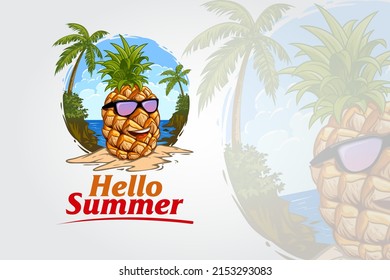 Hello Summer Vector Logo Template. Pineapple Fruit illustration is logo suitable for any entertainment business, health, fruits, beverage, vegetables, beach club, restaurants, agencies, design studios