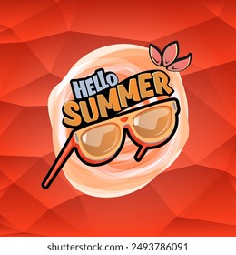 Hello Summer vector logo with text and vintage retro yellow sunglasses on red background. Hello summer illustration label, icon, print, banner template with funny cartoon sunglasses, retro vibe