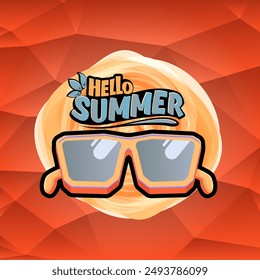 Hello Summer vector logo with text and vintage retro yellow sunglasses on red background. Hello summer illustration label, icon, print, banner template with funny cartoon sunglasses, retro vibe