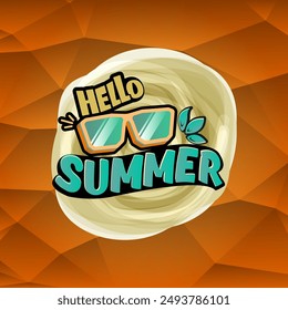 Hello Summer vector logo with text and vintage retro yellow sunglasses on red background. Hello summer illustration label, icon, print, banner template with funny cartoon sunglasses, retro vibe