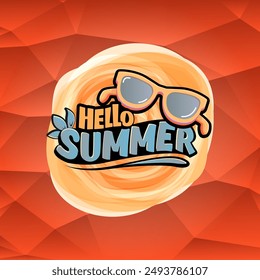 Hello Summer vector logo with text and vintage retro yellow sunglasses on red background. Hello summer illustration label, icon, print, banner template with funny cartoon sunglasses, retro vibe