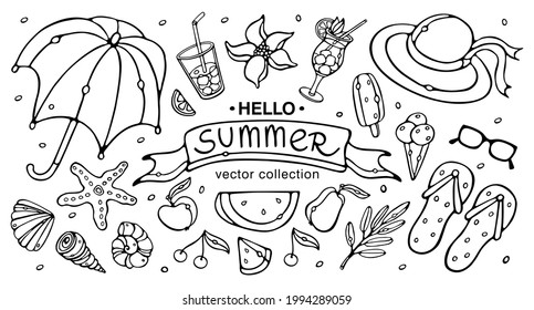 Hello Summer Vector Outline Collection. Doodle cartoon summer accessories Umbrella, hat, sunglasses, seashells, cocktails, ice cream, fruits, flowers, leaves. For the design of banners, textile