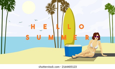 Hello Summer Vector. Palm Tree Silhouette. Woman In Bikini Suit Sitting On Beach. Girl Relaxing At The Shore. Design Of Banner, Poster, Newsletter, Advertisements, Leaflet, Brochure, Wallpaper, Flyer.