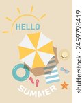 Hello summer, vector pattern. Vacation and travel concept. Beach umbrella, beach towel, sandals, sunglasses.