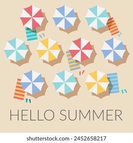 Hello summer, vector pattern. Vacation and travel concept. Beach umbrella, beach towel, sandals.