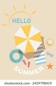 Hello summer, vector pattern. Vacation and travel concept. Beach umbrella, beach towel, sandals, sunglasses.