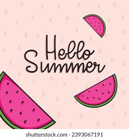 hello summer. Vector pink fleshy watermelon cut in half. Sweet fruit in summer