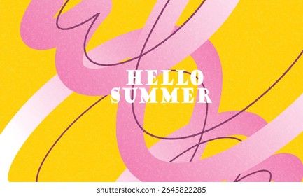Hello Summer Vector with Pink Ribbon on Yellow Background.