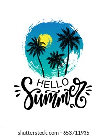 Hello summer vector poster. Hand drawn paint background, palm trees and lettering.