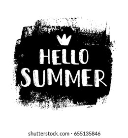 Hello summer vector poster. Hand drawn paint background, crown and lettering.