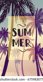 Hello summer vector poster. Hand drawn paint background, palm trees and lettering.