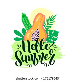 Hello summer vector poster with lettering. Welcome summer graphic background and text calligraphy. Vector illustration papaya fruit, palm leaves on grunge brush stroke isolated on white background.