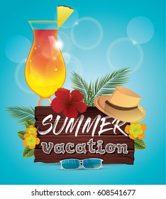 Hello summer vector poster with palm leaves, tropical flower, cocktail, and hat over blurred background. Illustration. Design element
