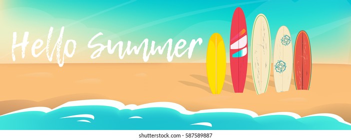 Hello summer vector poster. sea sand sky and summer day