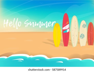 Hello summer vector poster. sea sand sky and summer day