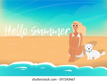 Hello summer vector poster: sea, girl, sand, sky, dog and summer day. - stock vector