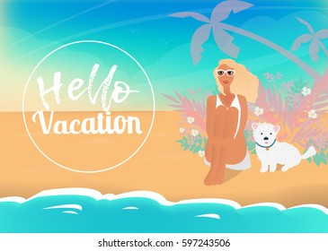 Hello summer vector poster: sea, girl, sand, sky, dog and summer day. - stock vector